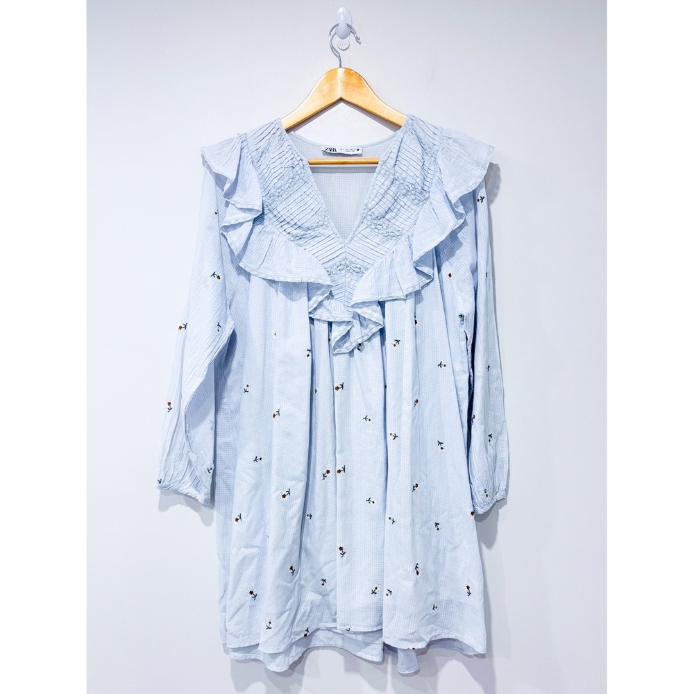 ZARA Blue embroidered mini dress | Ruffle Cottagecore | Large